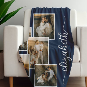 Dark Blue Personalised With Name 5 Photo Collage Fleece Blanket
