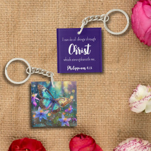 Dark Blue Philippians 4:13 Scripture Butterfly  Key Ring