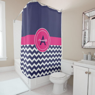 Dark Blue Pink Chevron Shower Curtain