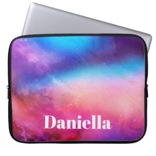 Dark Blue & Pink Holographic Sky with Custom Name Laptop Sleeve