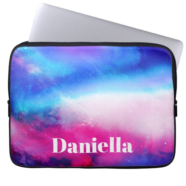 Dark Blue & Pink Holographic Sky with Custom Name Laptop Sleeve (Front)