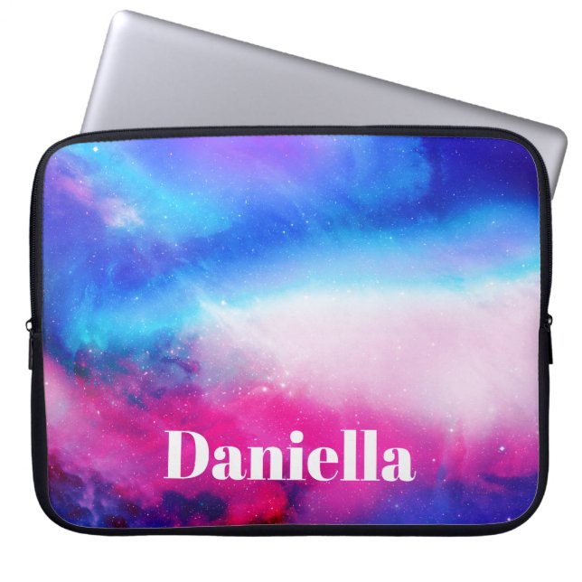 Dark Blue & Pink Holographic Sky with Custom Name Laptop Sleeve (Front)