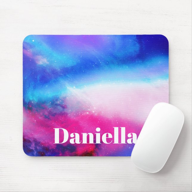 Dark Blue & Pink Holographic Sky with Custom Name Mouse Pad (With Mouse)