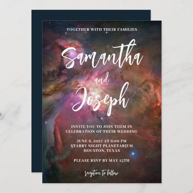 Dark Blue Pink Orion Nebula Planetarium Wedding Invitation (Front/Back)