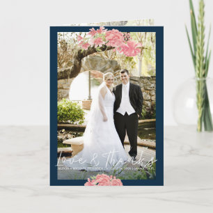 Dark blue pink peonies wedding photo thank you