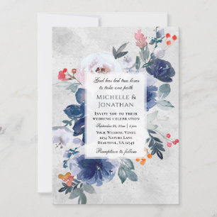 Dark Blue Pink Red Floral Christian Wedding Invitation
