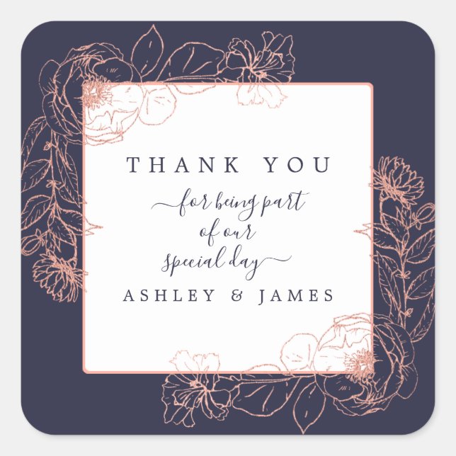 Dark Blue Pink Rose Gold Floral Wedding Thank You Square Sticker (Front)