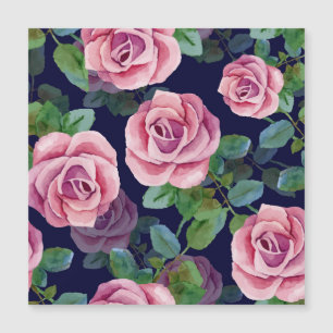 Dark Blue, Pink Roses Watercolor.