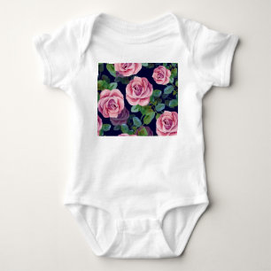 Dark Blue, Pink Roses Watercolor. Baby Bodysuit