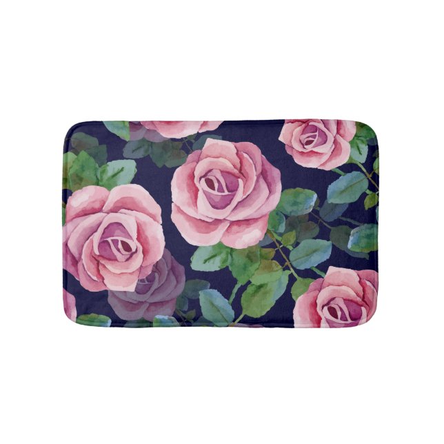 Dark Blue, Pink Roses Watercolor. Bath Mat (Front)