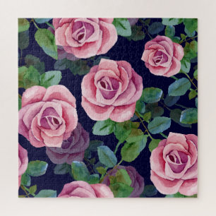 Dark Blue, Pink Roses Watercolor. Jigsaw Puzzle