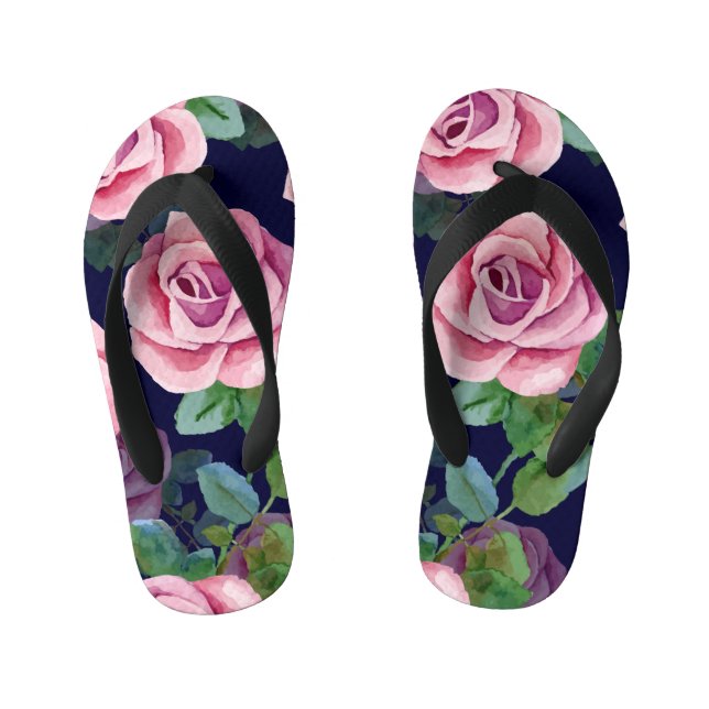 Dark Blue, Pink Roses Watercolor. Kid's Thongs (Footbed)