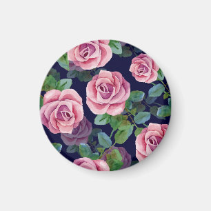 Dark Blue, Pink Roses Watercolor. Magnet