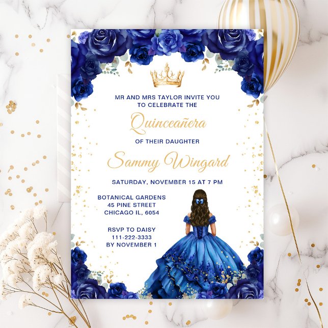 Dark Blue Princess Floral Quinceañera Invitation (Creator Uploaded)