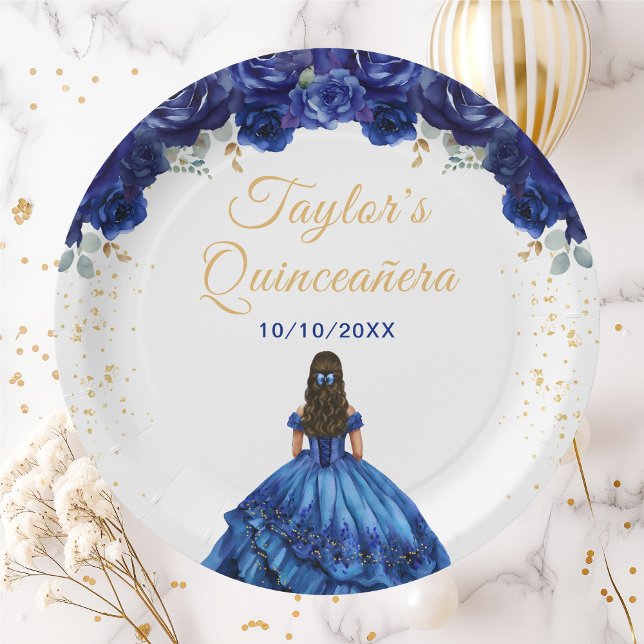 Dark Blue Princess Floral Quinceañera Paper Plate (Creator Uploaded)