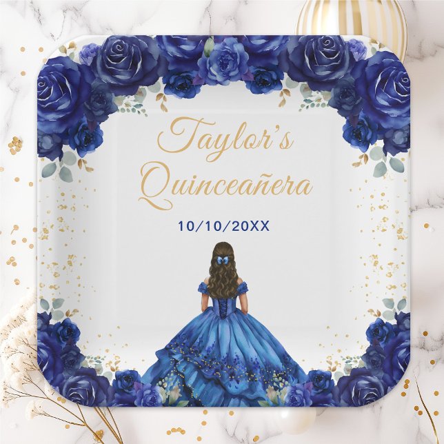 Dark Blue Princess Floral Quinceañera Paper Plate (Creator Uploaded)