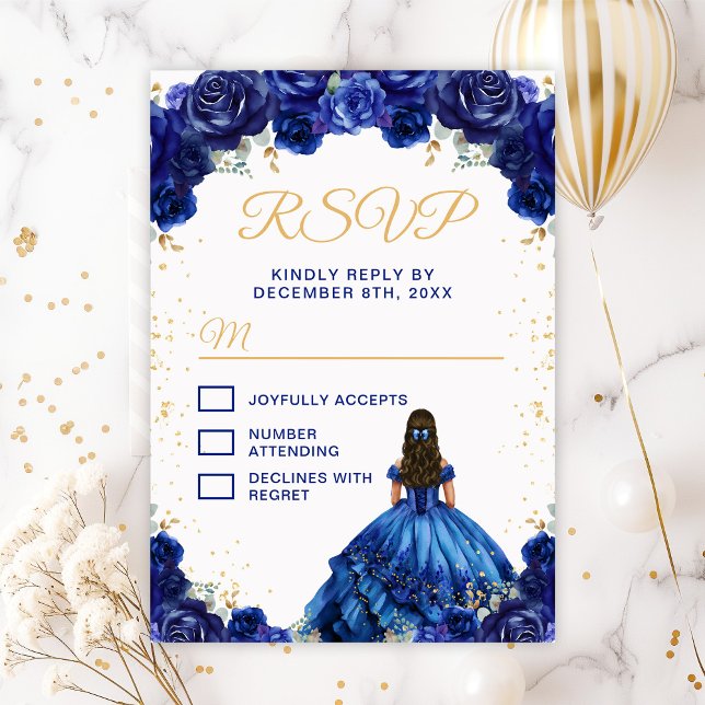 Dark Blue Princess Floral Quinceañera RSVP Card (Creator Uploaded)