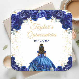 Dark Blue Princess Floral Quinceañera Square Paper Coaster