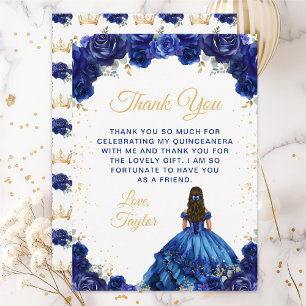 Dark Blue Princess Floral Quinceañera Thank You Card