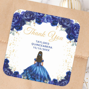 Dark Blue Princess Quinceañera Thank You Square Sticker