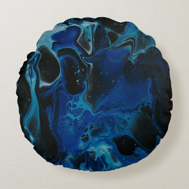 Dark blue psychedelic liquid round cushion (Front)
