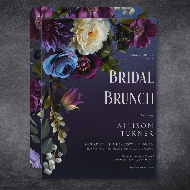 Dark Blue & Purple Floral Moody Bridal Brunch Invitation (Dark Blue & Purple Floral Moody Bridal Brunch Invitation)
