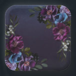 Dark Blue & Purple Floral Moody Bridal Brunch Paper Plate<br><div class="desc">Introducing our exquisite bridal shower square paper plates that effortlessly marries modern elegance with vintage allure. Set against a moody navy blue background, a soft side loose bouquet comes to life, featuring dark purple, lavender, periwinkle blue, and cream white flowers alongside dark purple berries and delicate botanical greenery. The blend...</div>