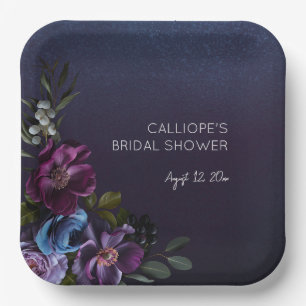 Dark Blue & Purple Floral Moody Bridal Shower Paper Plate
