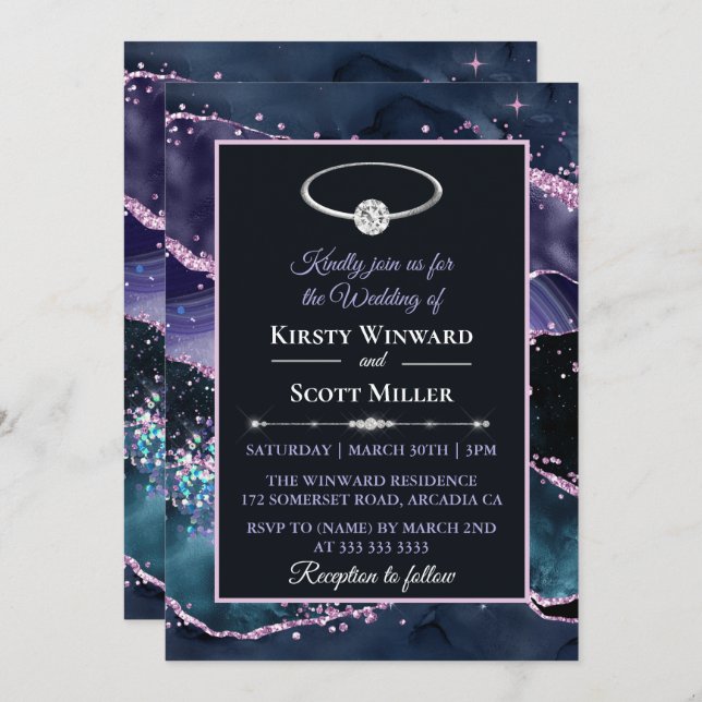 Dark Blue Purple Pink Glitter Agate Wedding Invitation (Front/Back)