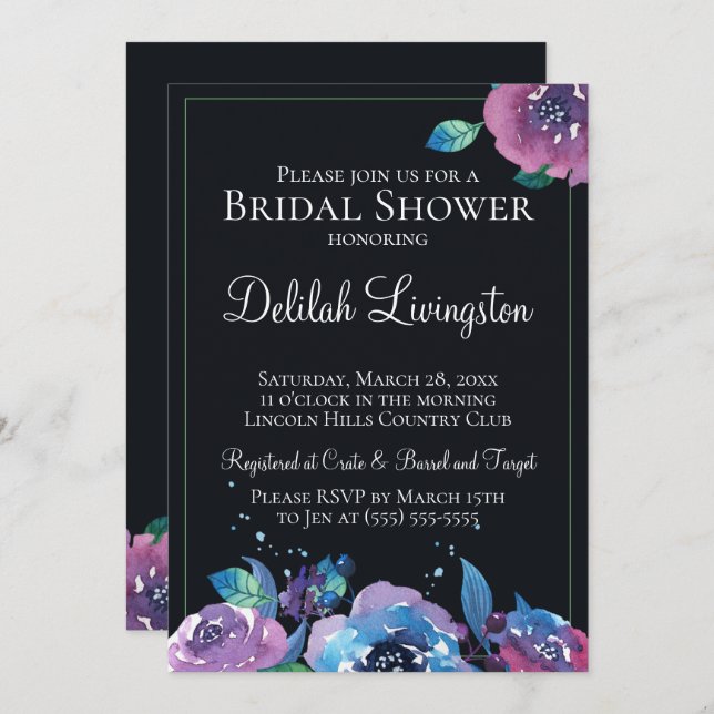 Dark Blue Purple Twilight Floral Bridal Shower Invitation (Front/Back)