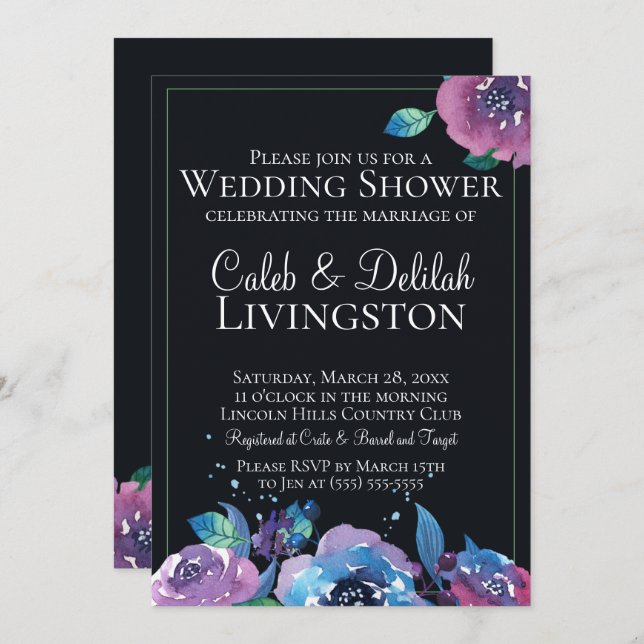 Dark Blue Purple Twilight Floral Wedding Shower Invitation (Front/Back)