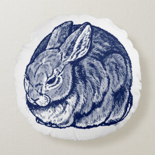 Dark Blue Rabbit Bunny Drawing Art  Round Cushion
