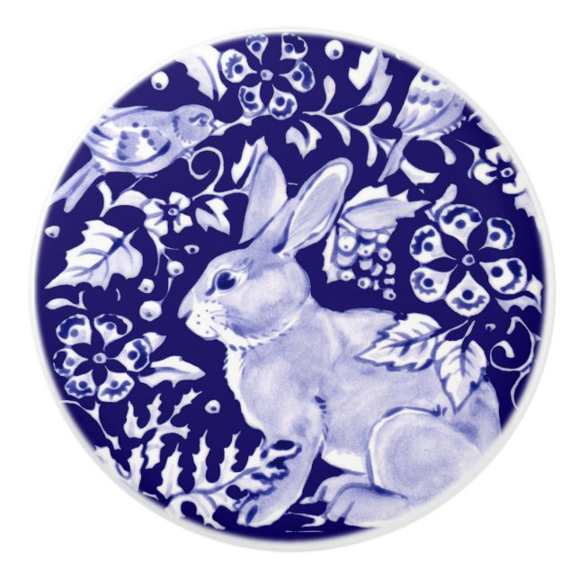 Dark Blue Rabbit Bunny Woodland Faces L Cobalt Ceramic Knob (Front)