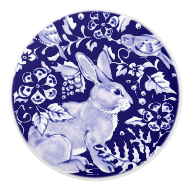 Dark Blue Rabbit Bunny Woodland Floral Cobalt Ceramic Knob (Front)