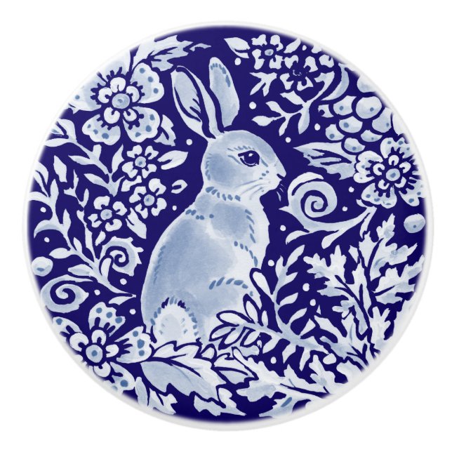 Dark Blue Rabbit Woodland Animal Floral Cobalt  Ceramic Knob (Front)