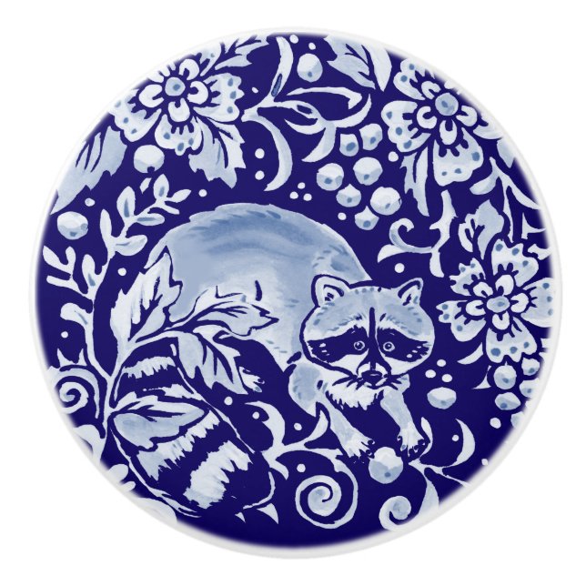Dark Blue Racoon Woodland Animal Floral Cobalt Ceramic Knob (Front)