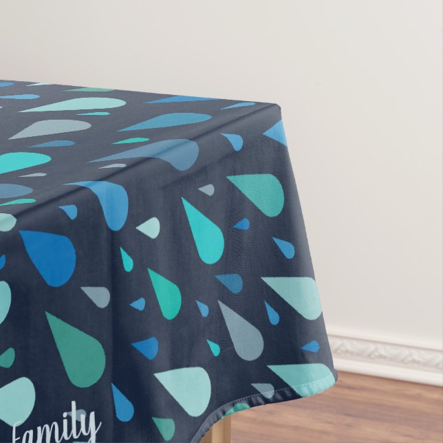 Dark blue raindrops with custom name tablecloth (In Situ)