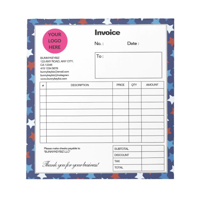 Dark Blue Red Star Company Business Shop Invoice Notepad (Front)