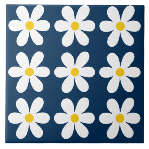 Dark Blue Retro Daisy Floral Pattern Ceramic Tile