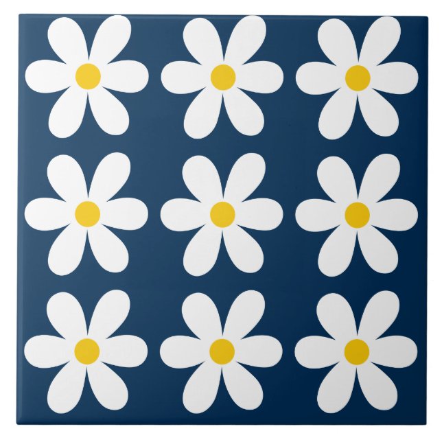 Dark Blue Retro Daisy Floral Pattern Ceramic Tile (Front)