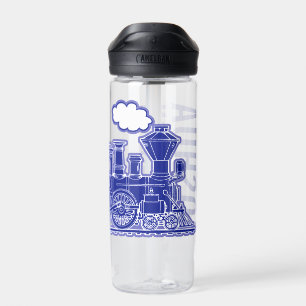Dark blue retro steam train full name  water bottle