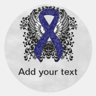 Dark Blue Ribbon with Wings Classic Round Sticker