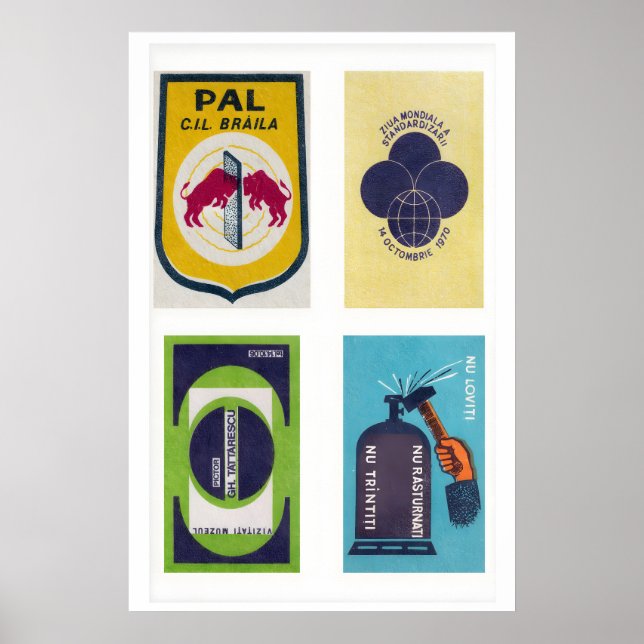 Dark Blue Romanian Matchbox Labels Grid Print (Front)