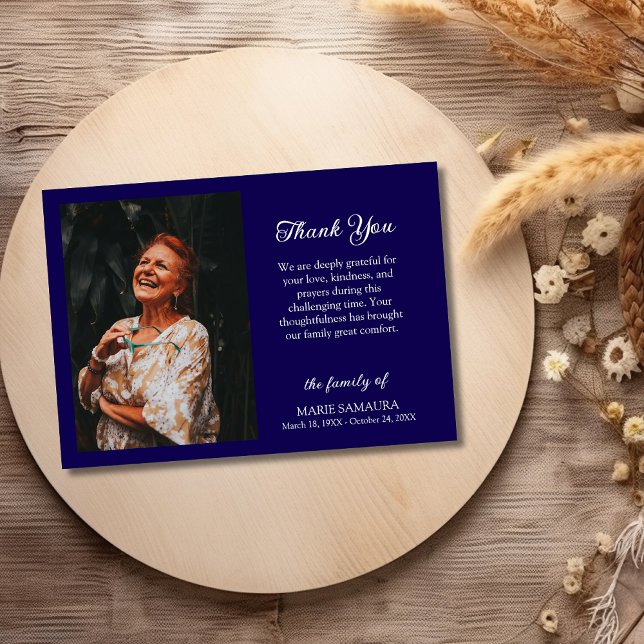 Dark Blue Romantic Customise Photo Funeral Thank Thank You Card (Creator Uploaded)
