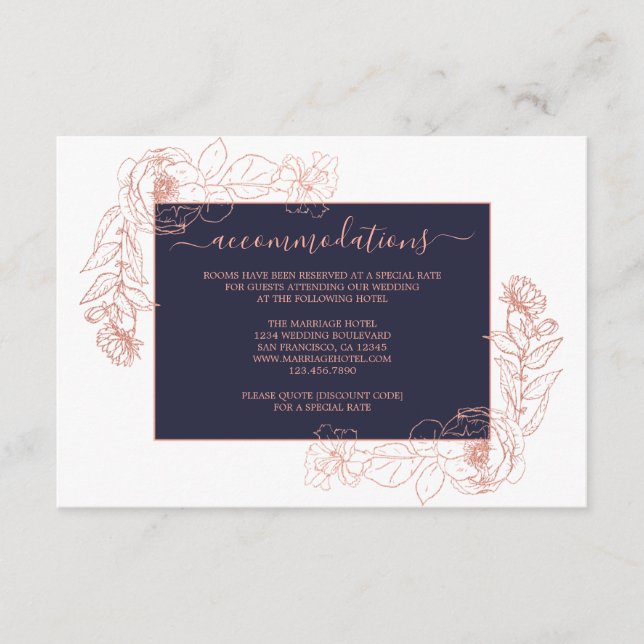 Dark Blue Rose Gold Floral Wedding Information Enclosure Card (Front)