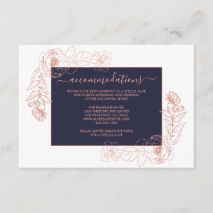 Dark Blue Rose Gold Floral Wedding Information Enclosure Card