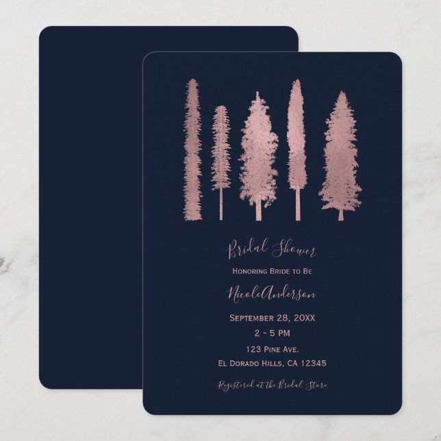 Dark Blue & Rose Gold Forest Trees Bridal Shower Invitation (Front/Back)