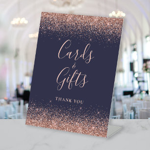 Dark Blue Rose Gold Glitter Wedding Cards Gifts Pedestal Sign