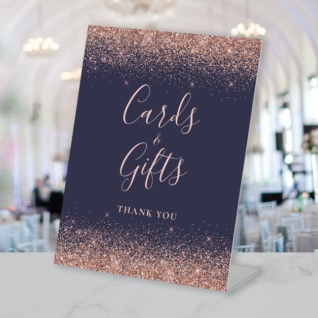 Dark Blue Rose Gold Glitter Wedding Cards Gifts Pedestal Sign (Creator Uploaded)