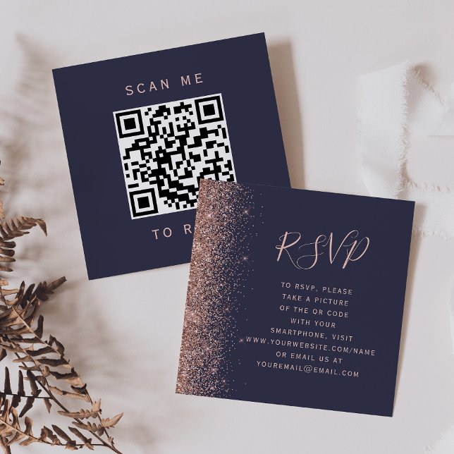 Dark Blue Rose Gold Glitter Wedding QR Code RSVP Enclosure Card (Creator Uploaded)
